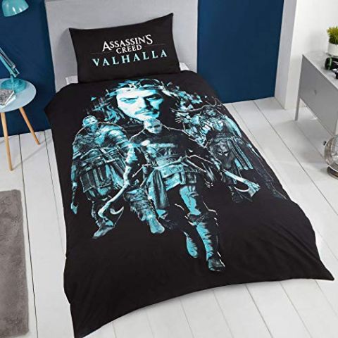 Assassin's Creed Valhalla Single Duvet Cover and Pillowcase Set Reversible Black/Blue, SP1-ASS-VAL-12 (New)