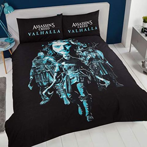 Assassin's Creed Valhalla Double Duvet Cover and Pillowcase Set Reversible Black/Blue, DP1-ASS-VAL-08 (New)